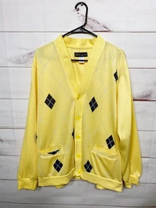 Vintage Haband Mens Cardigan Size L Yellow Argyle Button Up Pockets Long Sleeve - Picture 1 of 8