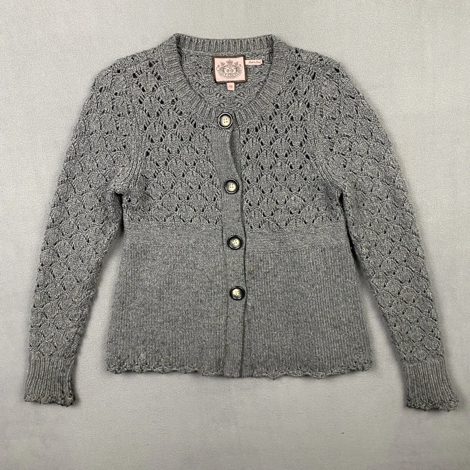 Suéter Juicy Couture Para Mujer’s M Gris Cárdigan Tejido con Cable Grueso Lana Conejo Y2K Foto 1 de 4