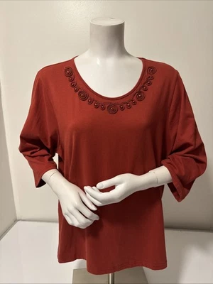 Croft & Barrow Womens Brick Red Embellished  Scoop Neck 3/4 Sleeve Tee Sz 2X - Image 1 of 4