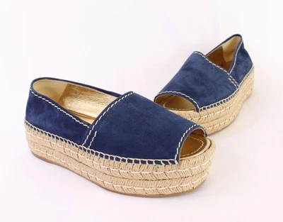 Prada Auténtico Nuevo sin Caja Azul Gamuza Plataforma Alpargata Zapato Tacón Talla 37 1/2 7.5 Foto 1 de 4