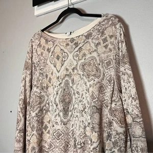 J. Jill Top Blouse Long Sleeve Beige Tan Patterned Boho Size 3X Wide Neck - Picture 1 of 9