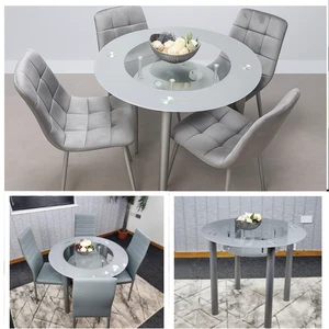 Modern Grey Glass Round Dining Table Set with 4 Chairs – Faux Leather or Velvet - Picture 1 of 8