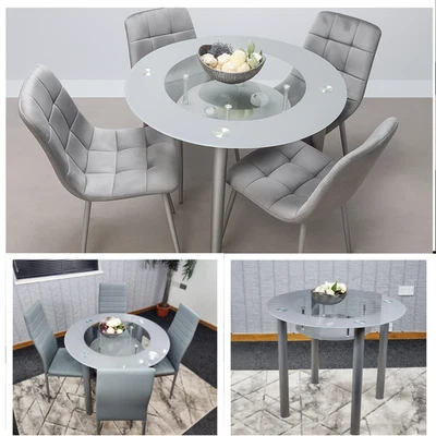 Modern Grey Glass Round Dining Table Set with 4 Chairs – Faux Leather or Velvet - Image 1 of 4