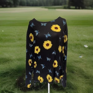 Orange Kiss Black With Sunflowers And Blue Butterflies Sz 2X Long Sleeve Top - Picture 1 of 16