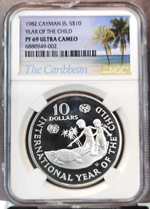 1982 CAYMAN ISLANDS SILVER 10 DOLLARS NGC PF 69 ULTRA CAMEO TOP POP - Picture 1 of 3