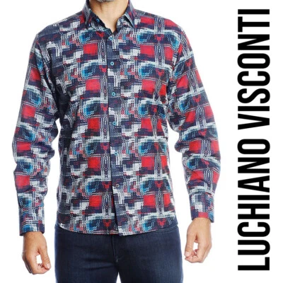 LUCHIANO VISCONTI 黑色衬衫 M 码海军蓝红色幻觉 Paisleys 形状 125 美元 — 第 1/4 张图片