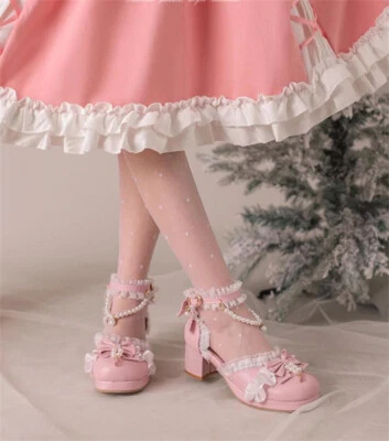 Women Girl Lolita Pearl Bowknot High-Heeled Shoes Princess Shoes - Photo 1/4