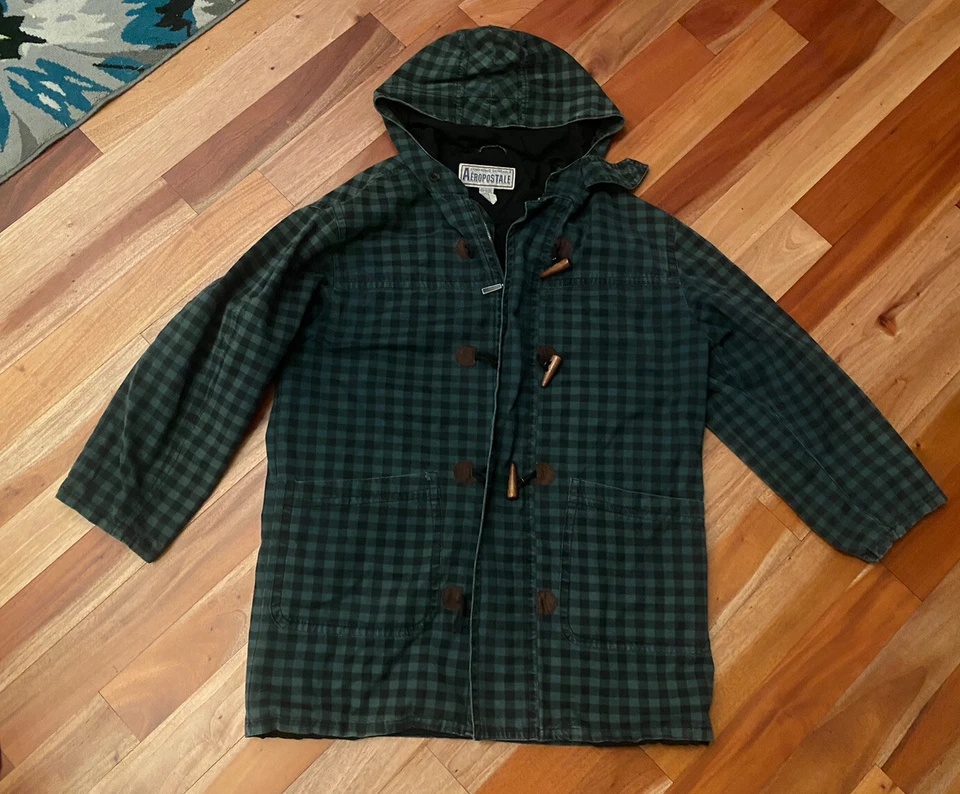 ВИНТАЖНЫЙ МУЖСКОЙ AEROPOSTALE ЗЕЛЕНЫЙ ЧЕРНЫЙ ПЕРЕКЛЮЧАТЕЛЬ КЛЕТКУ КУРТКА С КАПЮШОНОМ ПАРКА SZ M - Изображение 1 из 4