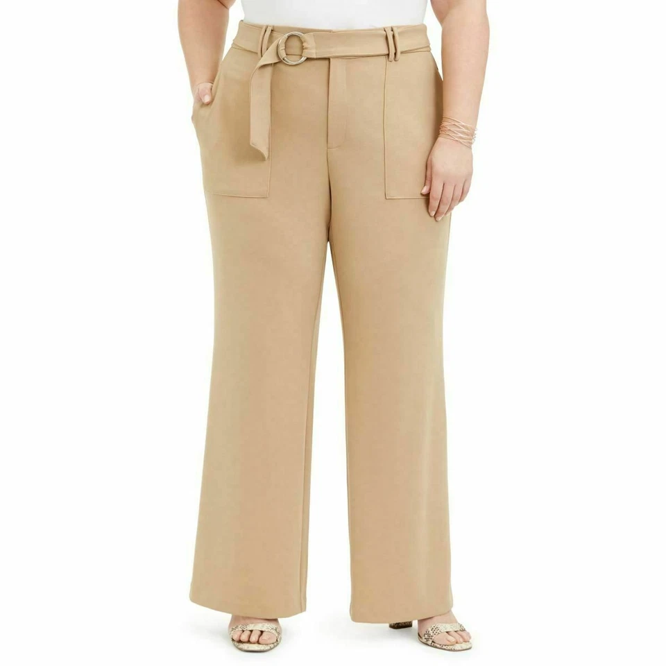 Inc Plus Wide Leg Brit Dress Pants 24w Beige Stretch High Rise Belt Pockets
