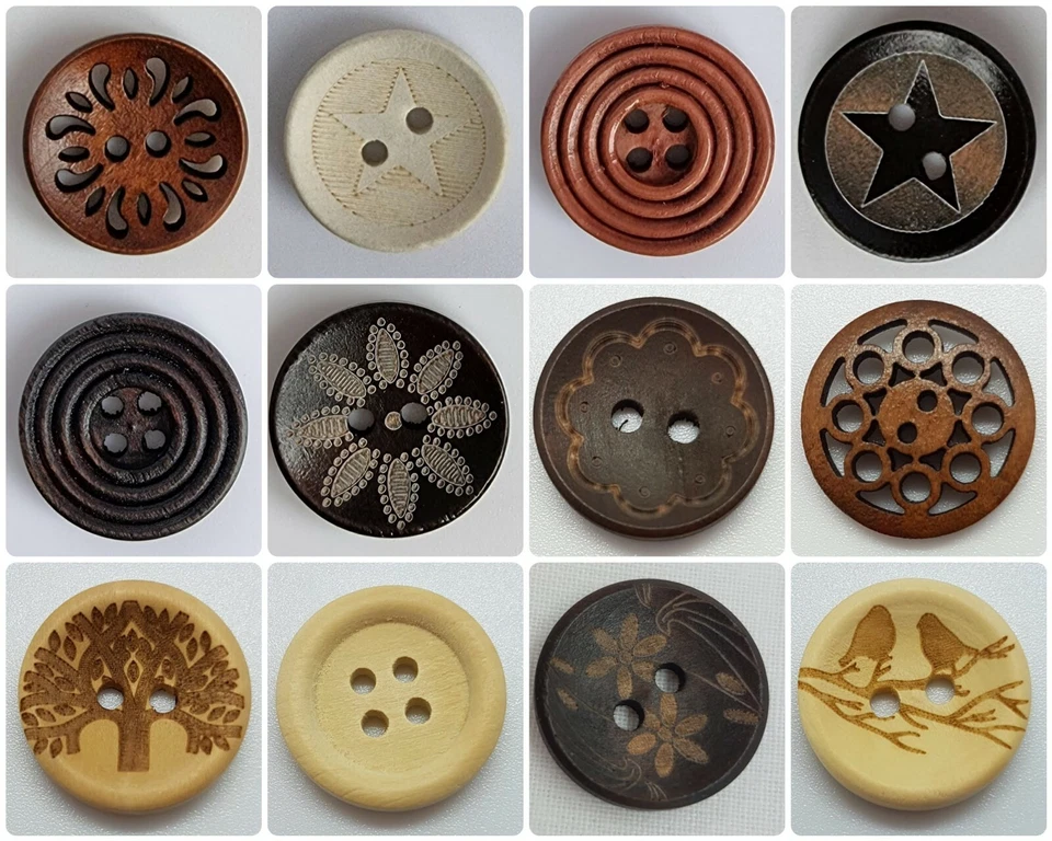 WOODEN PATTERNED DESIGN BUTTONS – ROUND, 2 HOLE, MEDIUM, 20mm, BROWN, FLOWER, UK - Image 1 of 1