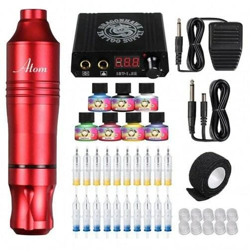 Dragonhawk Atom Rotary Tattoo Pen Red Machine Cartridge Power Supply Kit
