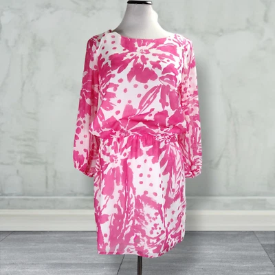 Tori Richard Blouson Mini Shift Dress Size 6 Bright Pink Floral Print - Image 1 of 4