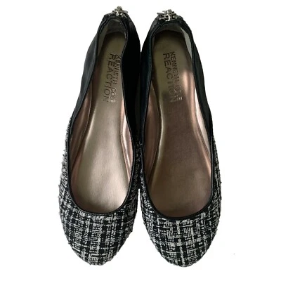 Kenneth Cole Reaction Zapatos para mujer 5.5 Negro Blanco Ballet Flats Zip Slip Tweed Foto 1 de 4