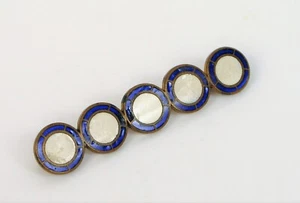 VTG BEAUTIFUL BRASS ENAMEL GEOMETRIC MODERNIST BLUE WHITE BAR BROOCH PIN - Picture 1 of 2