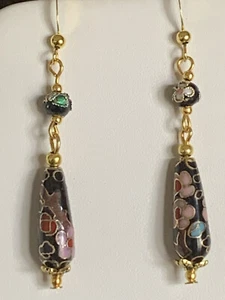 NEW ITEM ON SALE* -ELEGANT HANDCRAFTED VTG. BLACK CLOISONNE' DROP EARRINGS*NEW - Picture 1 of 4