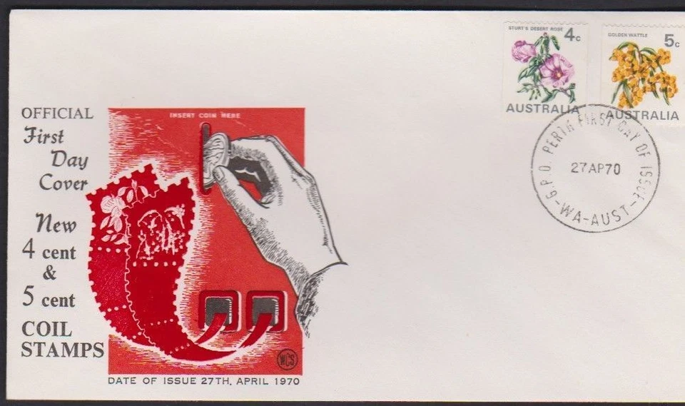 1970 4c & 5c Desert Rose Wattle Flower Coil Stamps Australia WCS FDC Red Unadd, - Image 1 of 1
