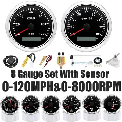 8 Gauge Set with Sensor 85mm GPS Speedometer 120MPH Tacho 8000RPM For Boat Car  - Image 1 of 4
