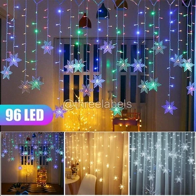Christmas 96 LED Curtain Window Snowflake String Fairy Lights Waterproof Decor - Image 1 of 4