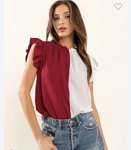 Ces Femme Gameday elegante rot-weiße Bluse mit Rüschenärmeln SEC Fußball neu mit Etikett - Bild 1 von 5