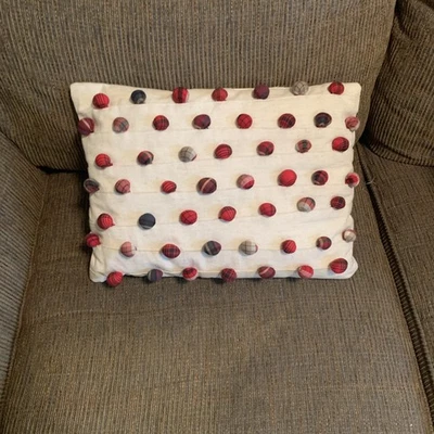 Pottery Barn Christmas Plaid Pom Pom Lumbar Pillow With Insert 12x16 - Image 1 of 2