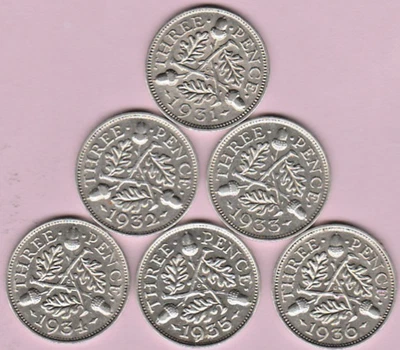Great Britain (UK) Lot of 6 Silver Three Pence Coins 1931 to 1936 - km 831 - Image 1 of 4