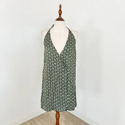 Aere Satin Wrap Mini Dress Size 10 Olive Geo Print Sleeveless Halter Neck New - image 1 of 4