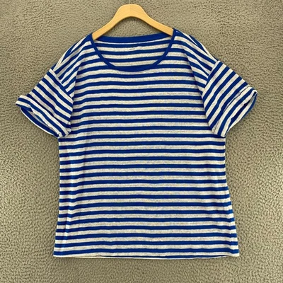 Camiseta J Crew Top Mujer Mediana Azul Rayas Lino Puños Manga Corta Informal Nueva con Etiquetas Foto 1 de 4