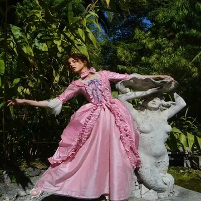 Victorian Rococo Pink Wedding Dress Sleeves Revival Bustle Duchess Bridal Gowns - Image 1 of 4