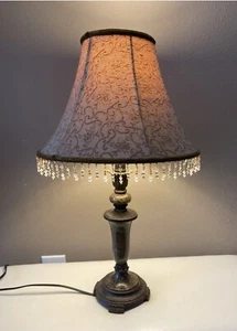 24” Faux Marble Table Lamp w Beaded Lamp Shade High End Vintage Decor - Picture 1 of 17