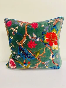 Emerald  Green Designer Velvet Piped Floral Pillows - Picture 1 of 1