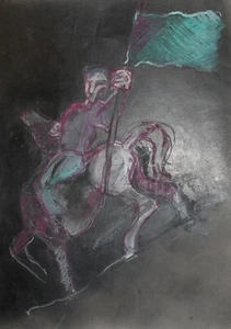 VINTAGE ABSTRACT PASTEL PAINTING PORTRAIT HORSE RIDER WITH FLAG - Picture 1 of 11