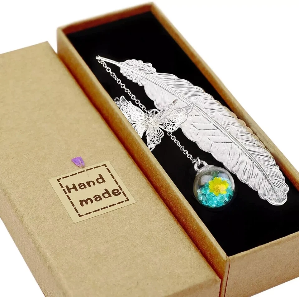 Toirxarn Silver Metal Feather Bookmark 3d Butterfly and Glass Beads Dry Flower