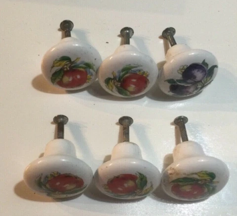 Lot 6 Vintage Ceramic Single Screw Mount Draw Pulls Handles w/ Fruits 1.5” Dia Cover