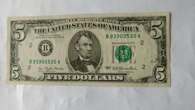 Up $5.00 FRN FR-1974 B--Series 1977 OFFSET TRANSFER-FACE on BACK VERY CLEAR LOOK - Image 1 of 4