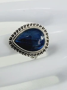 Natural Blue Labradorite Teardrop Ring 925 Sterling Silver Sz 9 Rope Loop Design - Picture 1 of 7