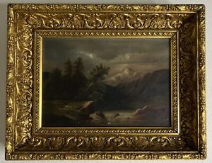 Antique Gold Framed Forested Landscape Original Oil Painting