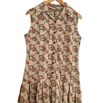 Vtg 70s Drop Waist Shirt Dress M Tennis Style Pleated Skirt Tan Geometric Print Foto 1 de 3