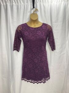 NEW LOOK size 14 purple lace dress stretch low back long sleeve evening cocktail