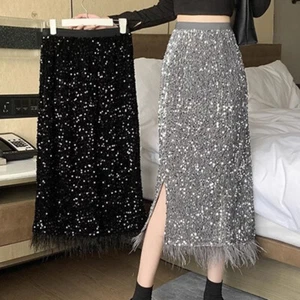 Lady Midi Velvet Skirt Sequin Feather Tassel Hem High Elastic Waist Slit Fashion - Picture 1 of 14