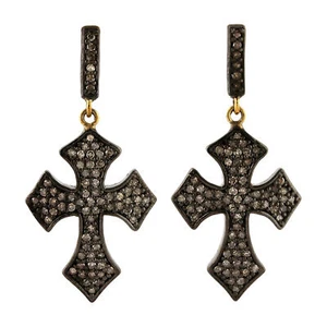 Diamond Cross Dangle Earrings 925 sterling silver Gold jewelry Vintage Earrings - Picture 1 of 4