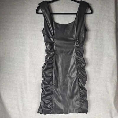 GUESS Black Faux Leather Ruched Mini Dress Sz 4 Square Neckline Lined - Image 1 of 4