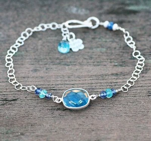 Handmade Natural Blue Topaz Bracelet Sterling Silver 925, Adjustable up to 9" - Picture 1 of 8