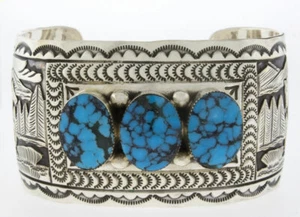 Pulsera de narrador turquesa Kingman de 3 piedras del artista navajo Lanny Delgarito - Imagen 1 de 4