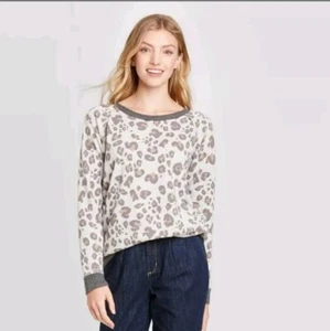 Knox Rose Womens Leopard Print Sweater Gray Size Medium - Picture 1 of 5