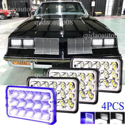 4pcs 4x6" Led Headlights Blue Halo DRL Fit1980-1988 Oldsmobile Cutlass Ciera H4 - Image 1 of 4