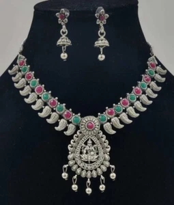 Conjunto de pendientes gargantilla de diseñador afgano collar piedra plata india oxidada - Imagen 1 de 2