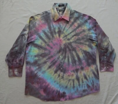 Tie Dye Pink Black Rainbow Long Sleeve Button Down Shirt - XL Mens Hand Made - Image 1 of 4