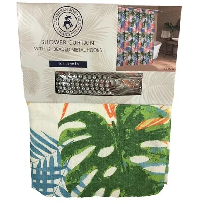 Juego de cortinas de ducha de tela de playa tropical 12 ganchos de metal con cuentas Caribbean Joe nuevo Foto 1 de 3