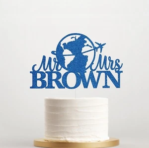 Travel Wedding Cake Topper with Custom Name, World Map Cake Topper 14 Colours - Picture 1 of 20