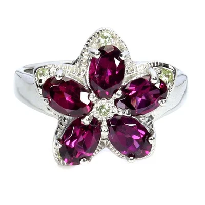925 Sterling Silver Ring Oval Rhodolite Garnet 6x4mm Peridot Gemstone Jewelry 8 - Image 1 of 4